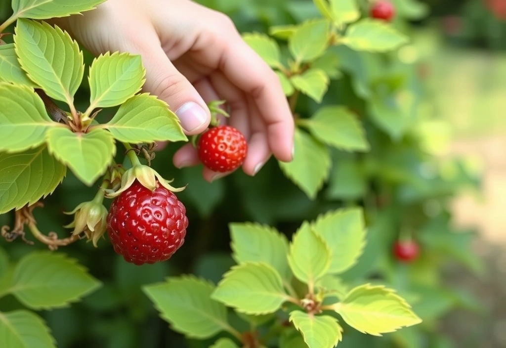 Mână care culege fructe de pădure proaspete, ilustrând o dietă sănătoasă