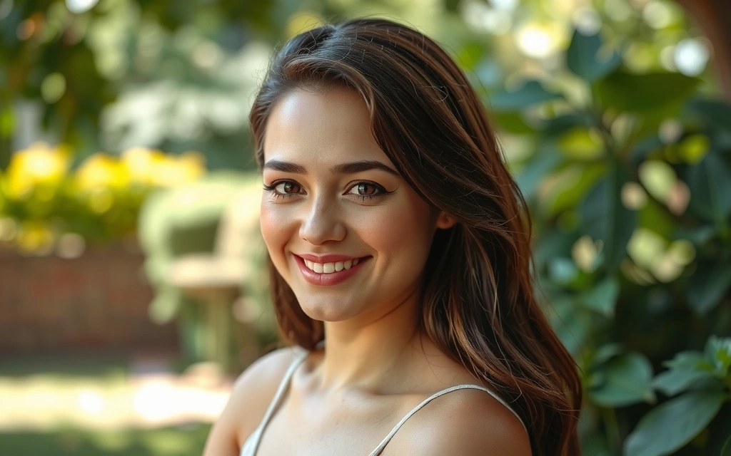 Femeie cu piele radiantă și păr strălucitor, zâmbind într-un cadru natural