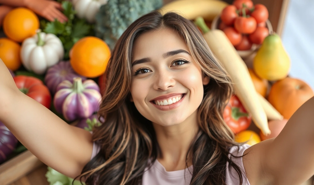 Femeie zâmbind, plină de energie, cu un background de fructe și legume proaspete, simbolizând sănătatea și vitalitatea