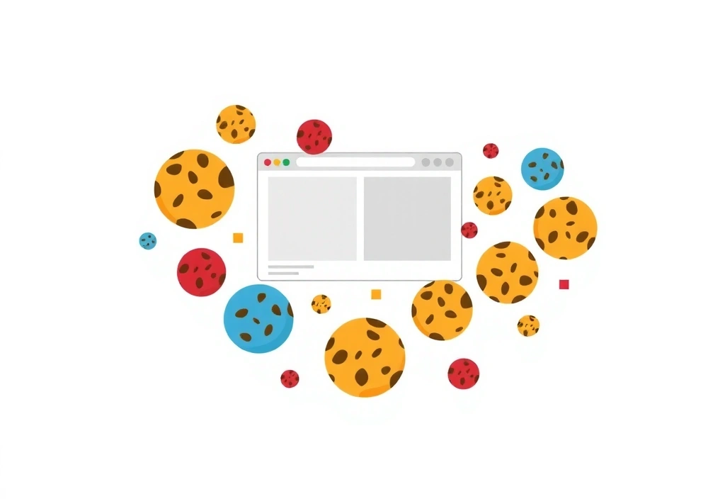 Ilustrație cu diverse cookie-uri și un browser web, simbolizând politica de utilizare a cookie-urilor.