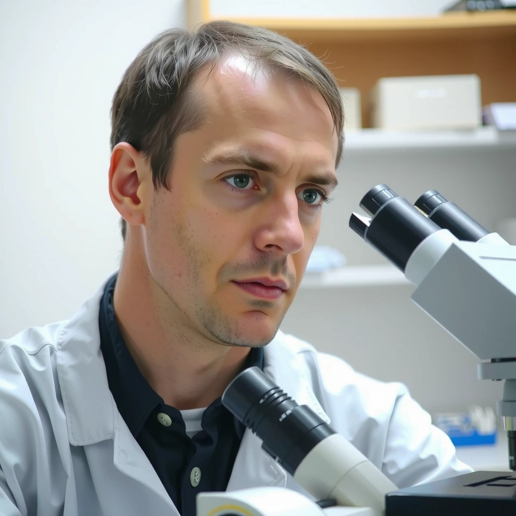 Portretul unui cercetător cu o expresie serioasă și concentrată.