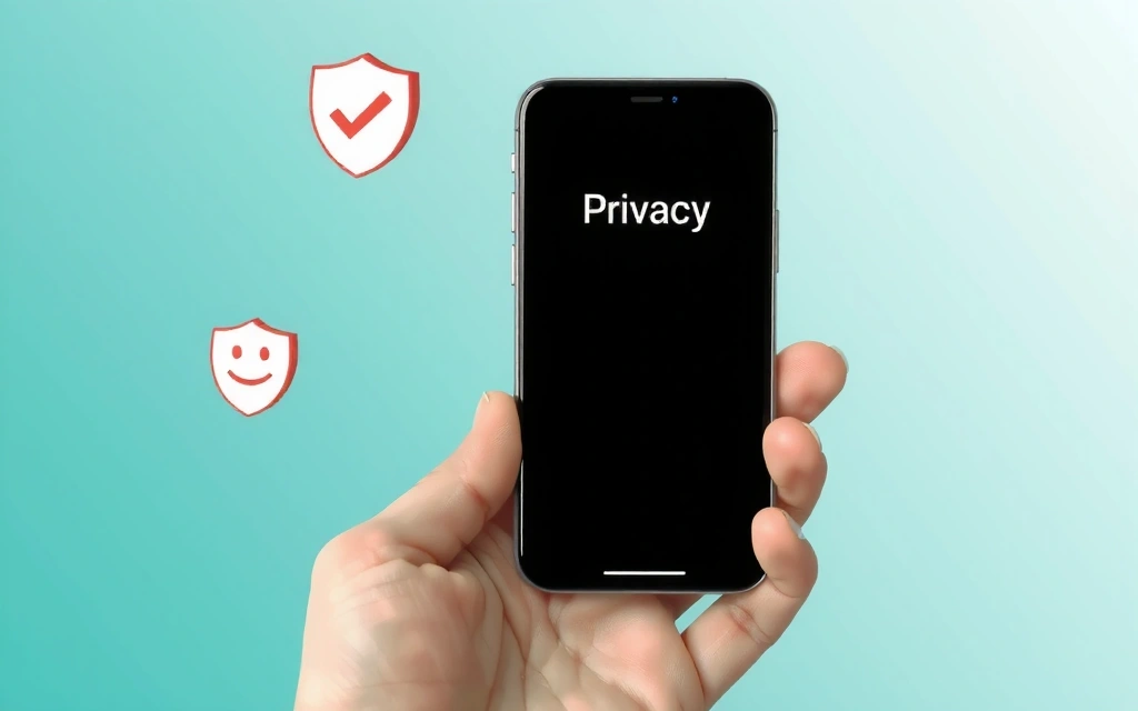 Mână ținând un smartphone cu pictograme de confidențialitate și drepturi ale utilizatorilor