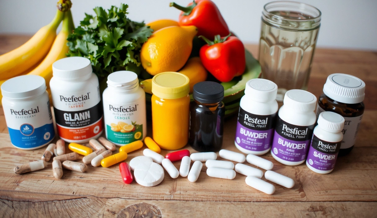 Diverse suplimente alimentare aranjate estetic pe o masă de lemn cu fructe și legume proaspete în fundal, simbolizând o dietă echilibrată.