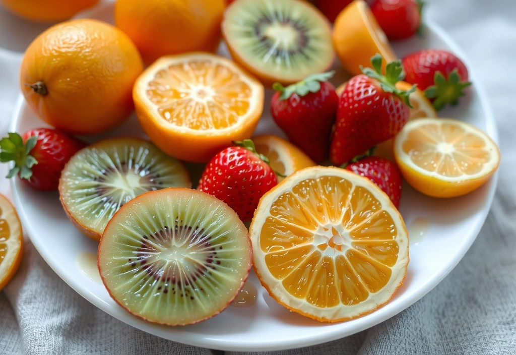 Fructe bogate în vitamina C, cum ar fi portocale, kiwi și căpșuni, aranjate pe o farfurie albă.