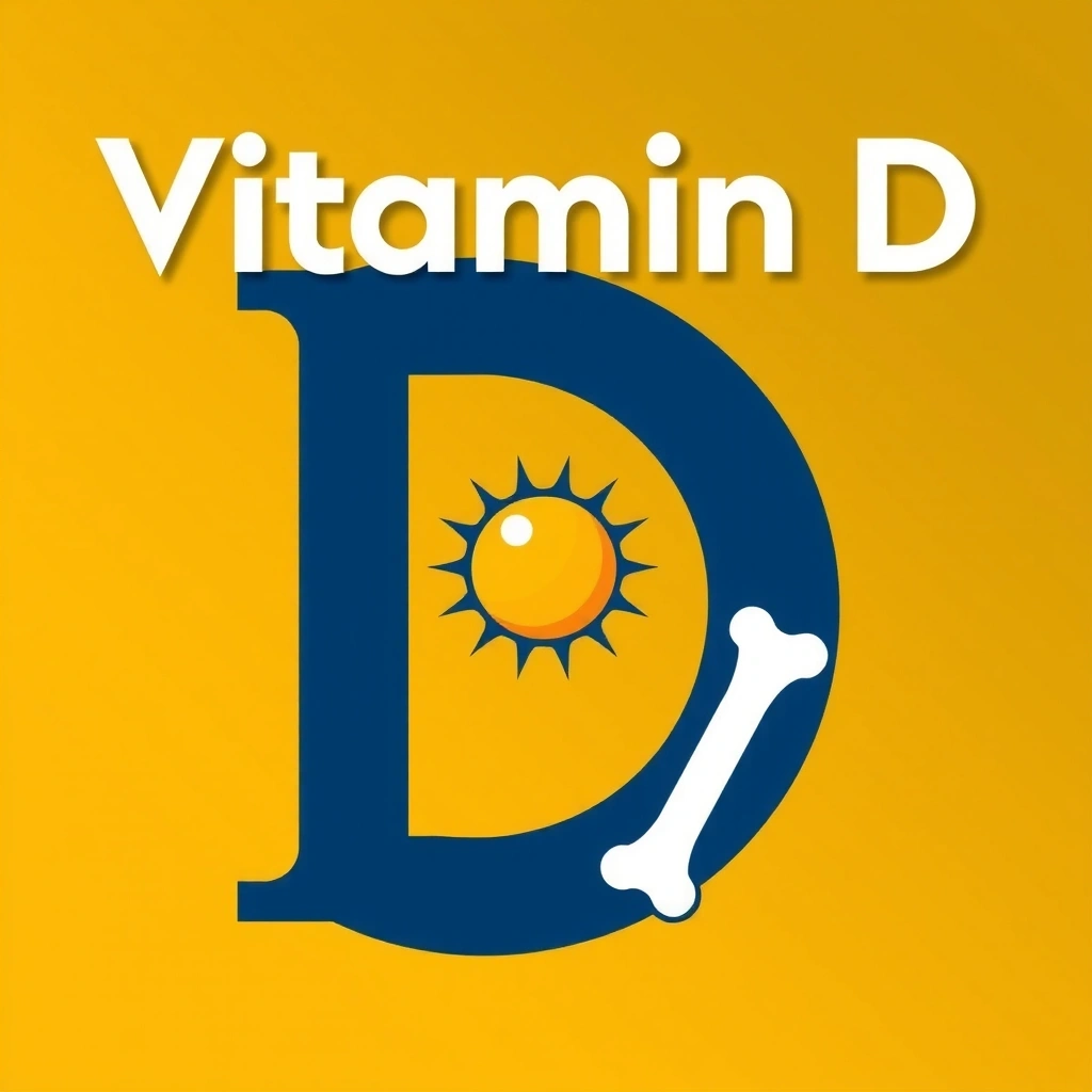 Pictogramă reprezentând litera D cu un soare, simbolizând Vitamina D și sănătatea oaselor.