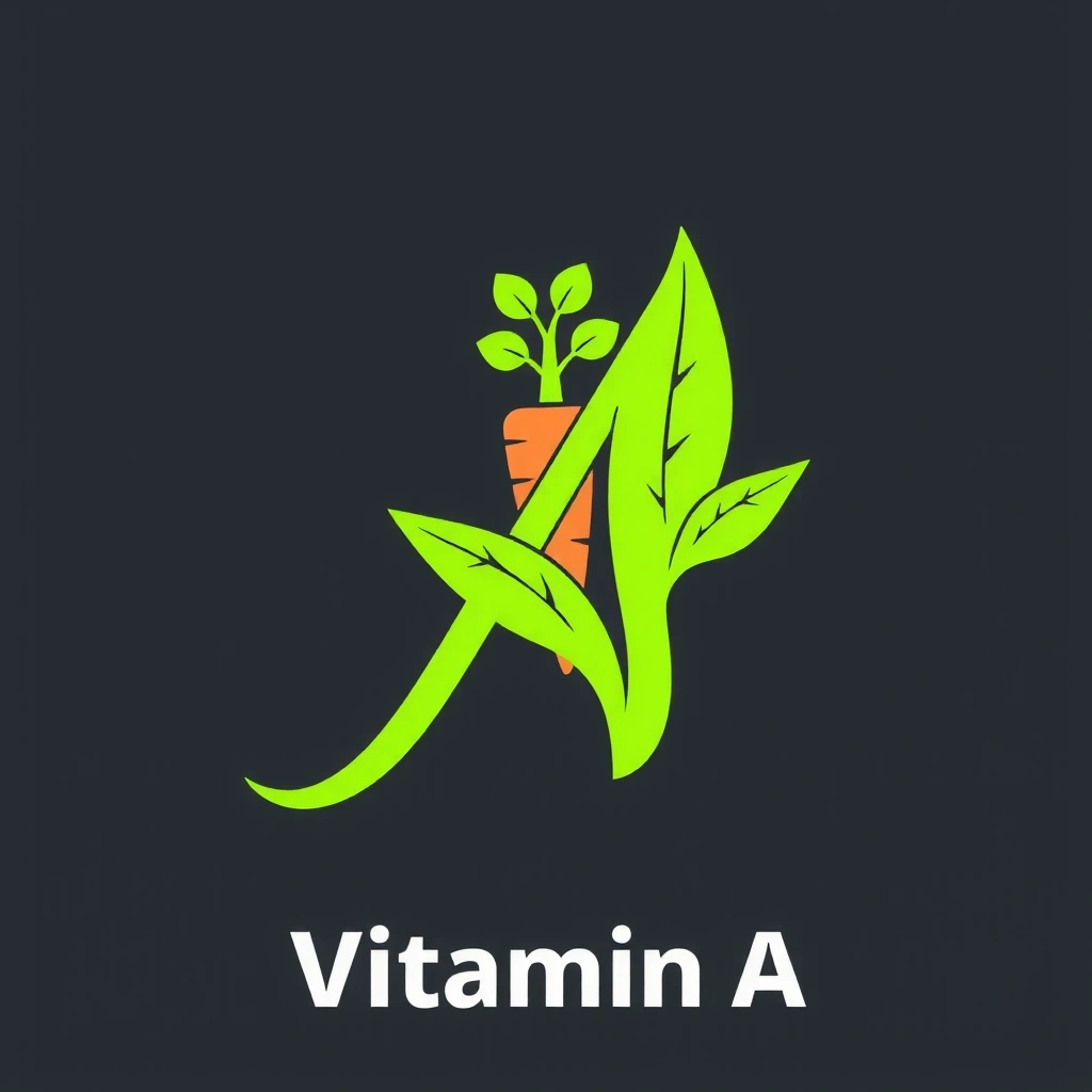 Pictogramă reprezentând litera A cu frunze verzi, simbolizând Vitamina A și sursele sale naturale.